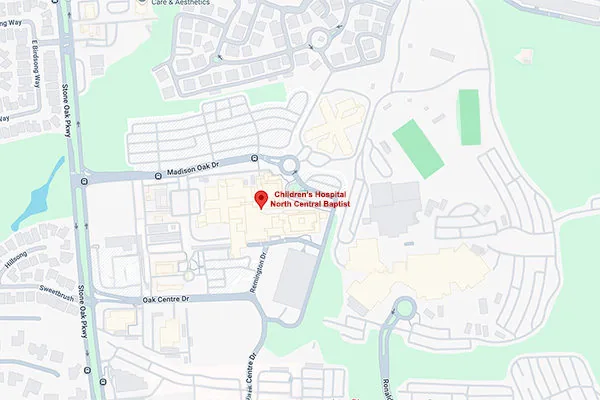 Google Maps location of Children's Hospital of San Antonio North Central Baptist — where Dr. Arturo Bonilla performs microtia ear reconstruction surgery.
