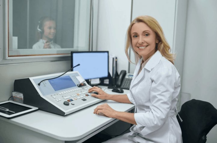 A smiling female audiologist in a white lab coat operates an audiology console while a young girl wearing headphones sits inside a soundproof testing booth visible through the window behind her. Hearing evaluations are an important part of the microtia surgery process to assess a child's hearing before and after reconstruction.