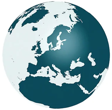 A teal and white globe illustration centered on Europe, the Middle East, and North Africa representing the international regions where families travel to San Antonio for microtia surgery with Dr. Arturo Bonilla. Dr. Bonilla has treated microtia patients from over 50 countries across Europe, Asia, Russia, and beyond.