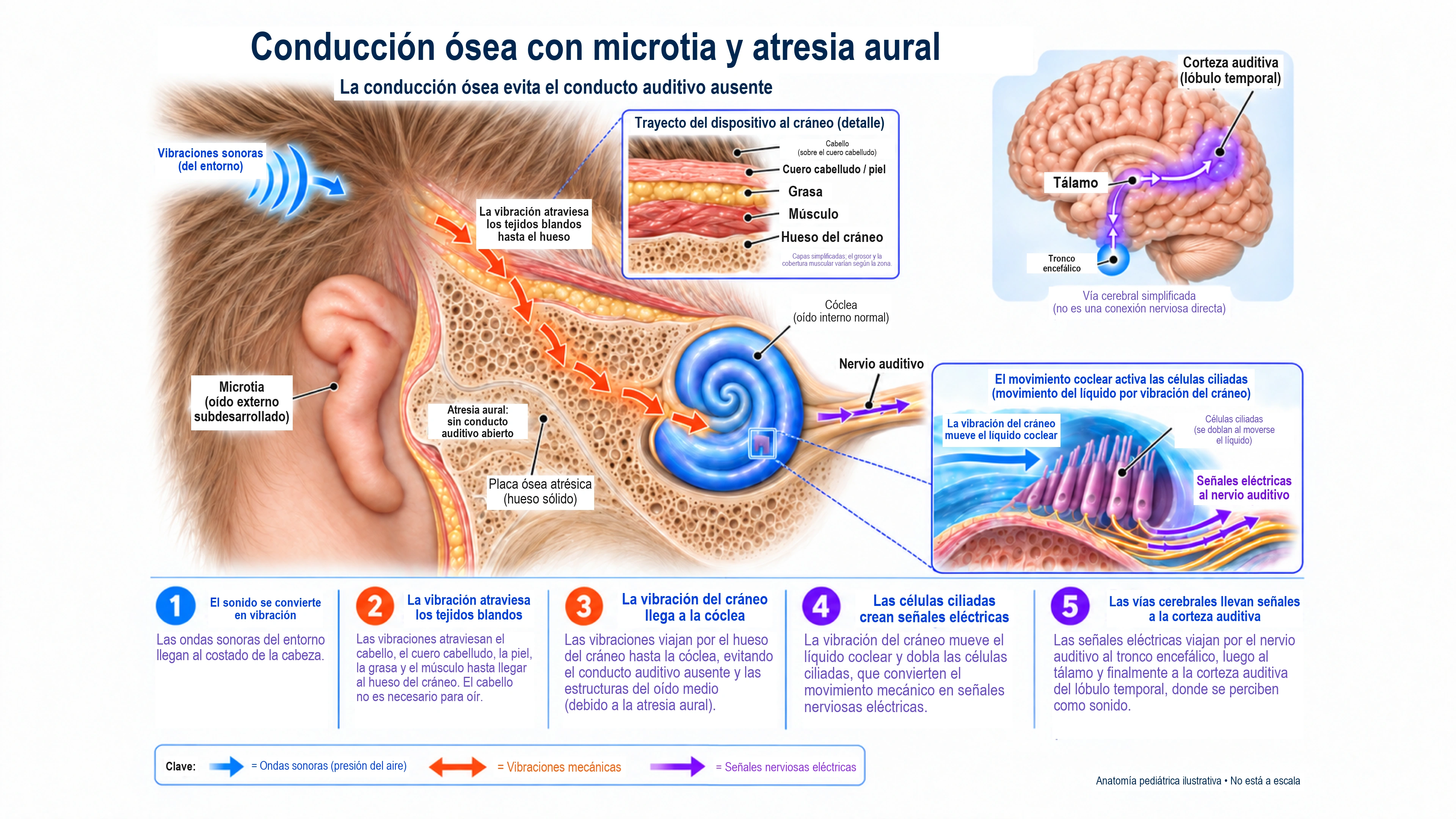 Diagrama de la audición por conducción ósea en la microtia y la atresia aural: las vibraciones llegan a la cóclea y las señales eléctricas siguen la vía auditiva hasta el cerebro.