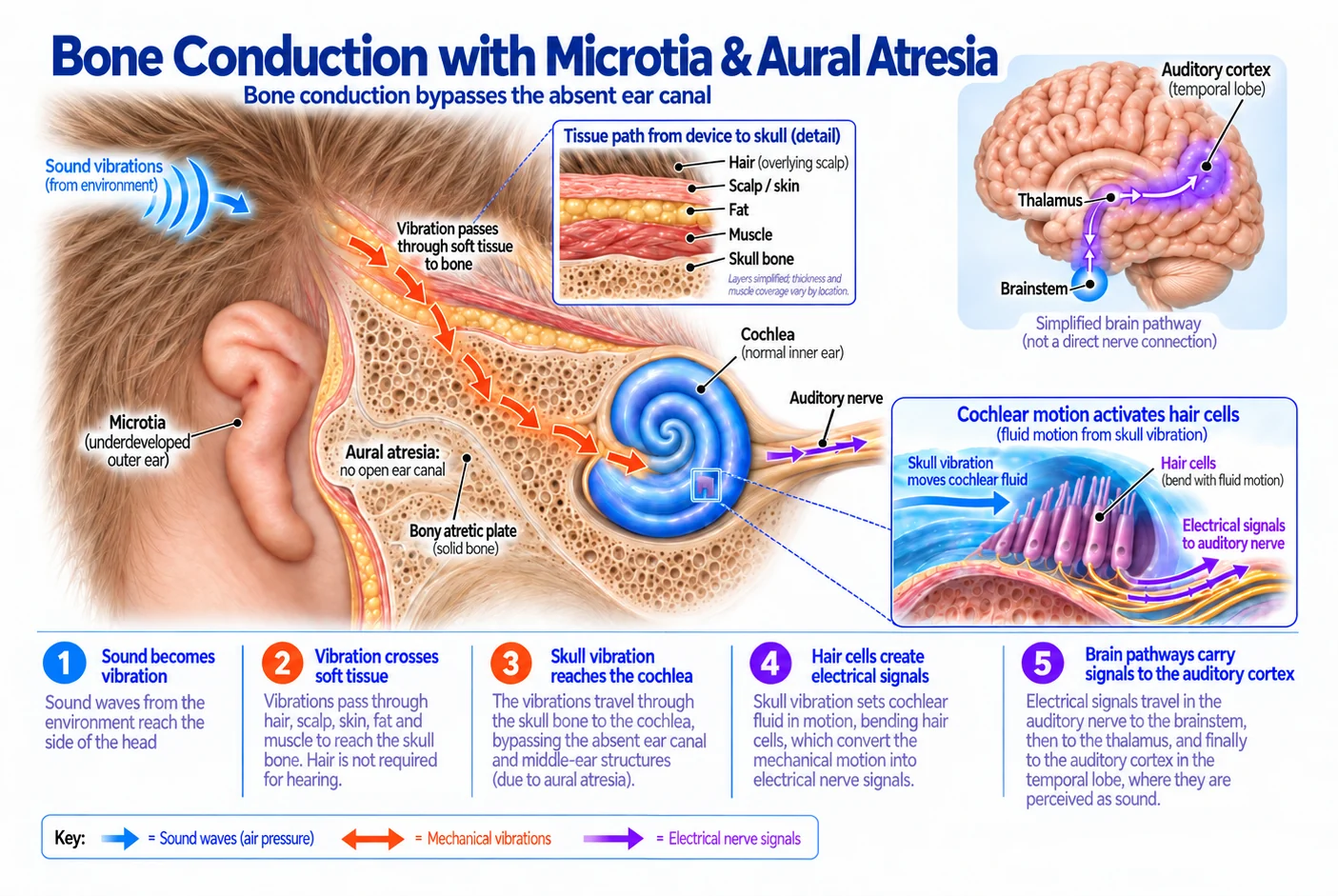 Medical diagram showing bone-conduction hearing in microtia and aural atresia, with sound vibrations passing through the scalp and skull to the cochlea and auditory nerve