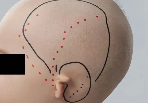 A shaved head with surgical markings shows the large outline and red dotted lines mapping the temporoparietal fascia flap area above a small microtia ear remnant. These pre-surgical markings guide the harvesting of the fascia flap used to cover the ear framework during microtia reconstruction.