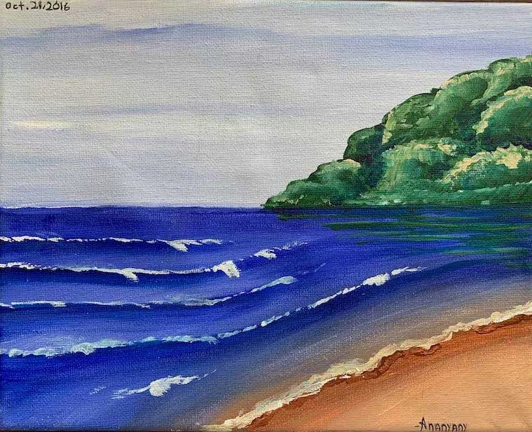 Paisaje marino hábilmente pintado en acrílico por un paciente llamado Ananyav, fechado el 21 de octubre de 2016, que representa olas del océano frente a una orilla arenosa y acantilados costeros verdes: una obra artística de agradecimiento al Dr. Arturo Bonilla de un paciente agradecido que se sometió a cirugía de microtia
