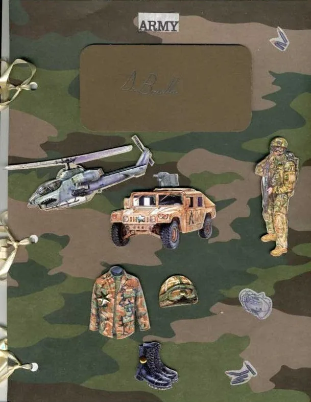 Página creativa de álbum de recortes con temática militar para el Dr. Bonilla, decorada con camuflaje, un helicóptero, un humvee y una calcomanía de un soldado