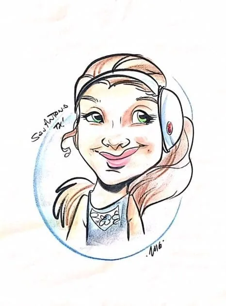 Caricatura detallada de una niña sonriente con auriculares, rotulada San Antonio TX y fechada en 2016: un regalo creativo de agradecimiento al Dr. Arturo Bonilla de una paciente agradecida que recibió su nueva oreja mediante cirugía de microtia en San Antonio