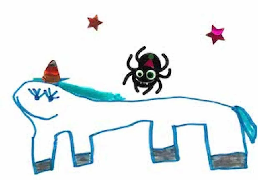 Dibujo infantil de un unicornio azul con un cuerno de caramelo de maíz, una araña negra sonriente y estrellas de brillantina de colores: un regalo imaginativo creado para el Dr. Arturo Bonilla por un paciente joven que se sometió a cirugía de microtia