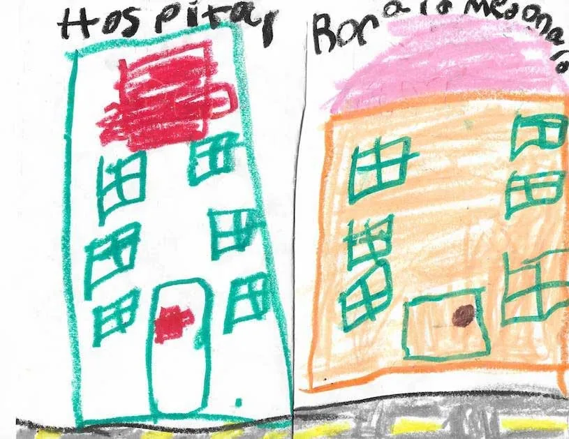 Dibujo infantil con crayones de dos edificios uno junto al otro, uno rotulado Hospital y el otro Bonilla Mesonalo, que representa los lugares vinculados a su experiencia con la cirugía de microtia, como un colorido regalo al Dr. Arturo Bonilla