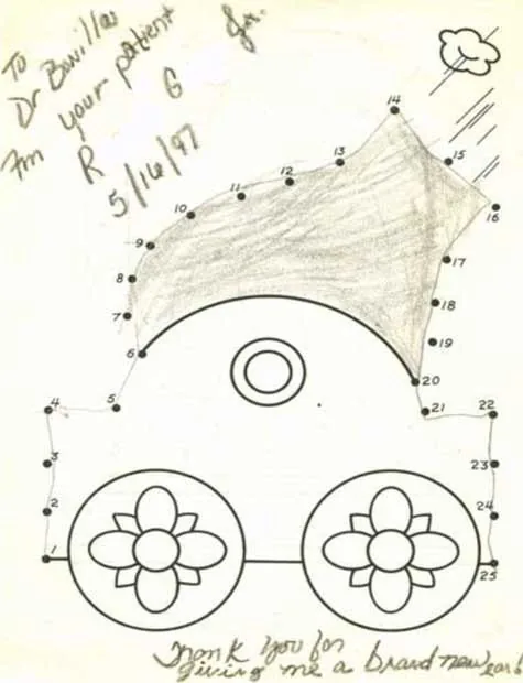 Dibujo terminado de unir puntos de un carruaje tirado por caballos, fechado el 16 de mayo de 1997, con una nota escrita a mano que agradece al doctor una oreja completamente nueva