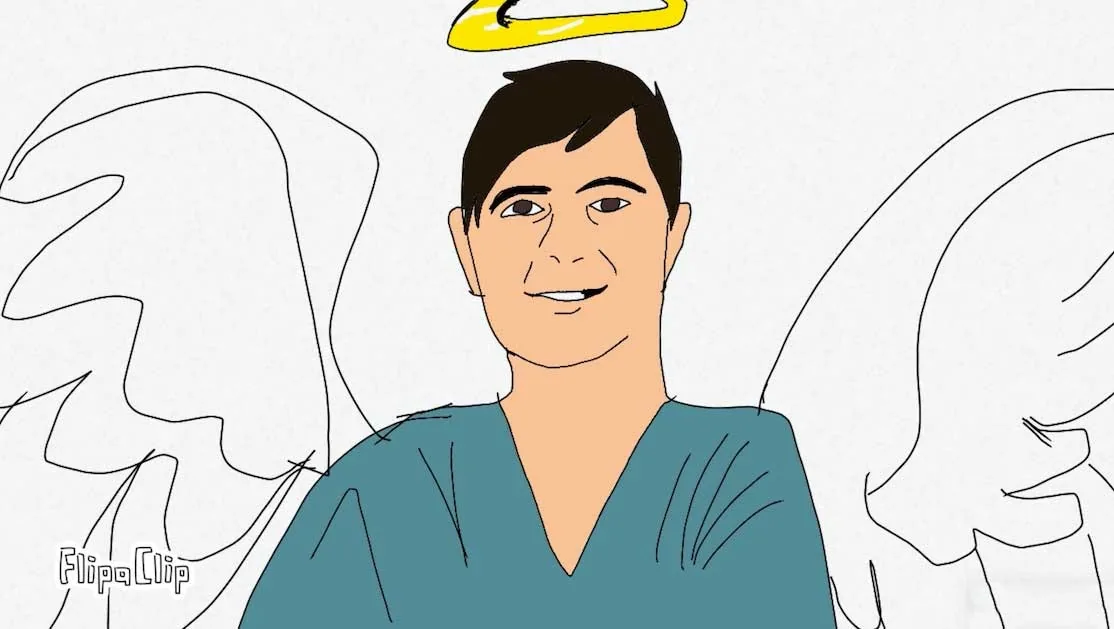 Ilustración digital creada en FlipaClip, que representa al Dr. Arturo Bonilla con ropa quirúrgica verde azulada, una aureola dorada y grandes alas de ángel: un homenaje celestial regalado al Dr. Arturo Bonilla por un paciente agradecido que se sometió a cirugía de microtia y lo honra como su ángel de la guarda