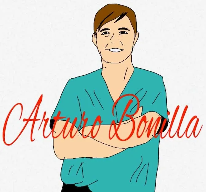 Ilustración digital del Dr. Arturo Bonilla con ropa quirúrgica verde azulada, los brazos cruzados y una sonrisa segura, con su nombre escrito en cursiva roja: un retrato de homenaje creado como regalo por un paciente agradecido que se sometió a cirugía de microtia, en reconocimiento al dedicado trabajo del Dr. Arturo Bonilla en la reconstrucción por microtia