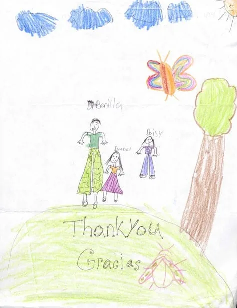 Dibujo infantil para el Dr. Bonilla que muestra al doctor y a pacientes en un parque con una gran mariposa y un árbol, con las palabras «Gracias» en inglés y español