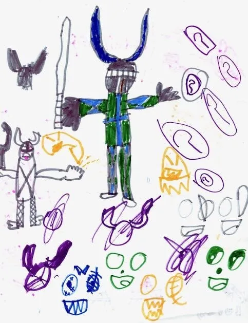 Dibujo infantil enérgico con marcadores de un guerrero de fantasía rodeado de numerosas orejas dibujadas de diversos colores y tamaños: un regalo imaginativo de agradecimiento al Dr. Arturo Bonilla de un paciente agradecido que se sometió a cirugía de microtia