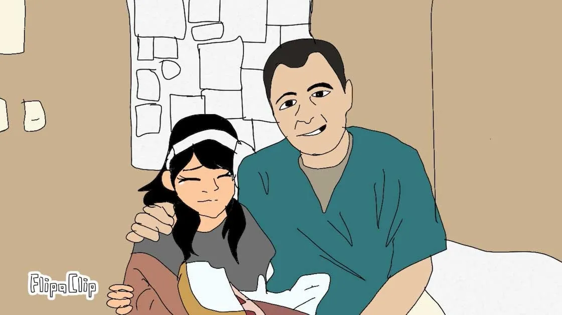 Ilustración digital detallada creada en FlipaClip, que representa a una niña sonriente con un vendaje postoperatorio en la cabeza, sentada junto a un hombre con ropa quirúrgica verde azulada en una habitación de hospital: un homenaje artístico al Dr. Arturo Bonilla de una paciente agradecida que se sometió a cirugía de microtia