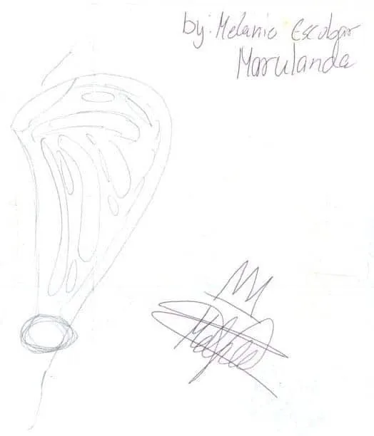 Boceto detallado a lápiz de una reconstrucción de oreja realizado por la paciente Melanie Escobar Marulanda, que muestra los resultados anatómicos de la cirugía de microtia