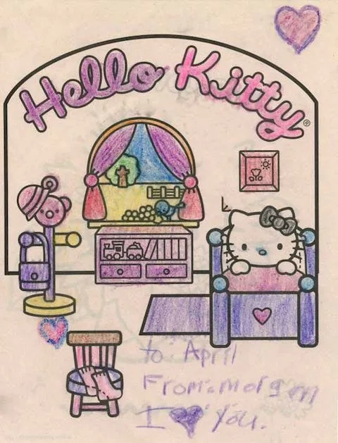 Página colorida para colorear de Hello Kitty para el Dr. Bonilla, de una paciente llamada Morgan, con corazones rosas y morados dibujados a mano y un mensaje de cariño