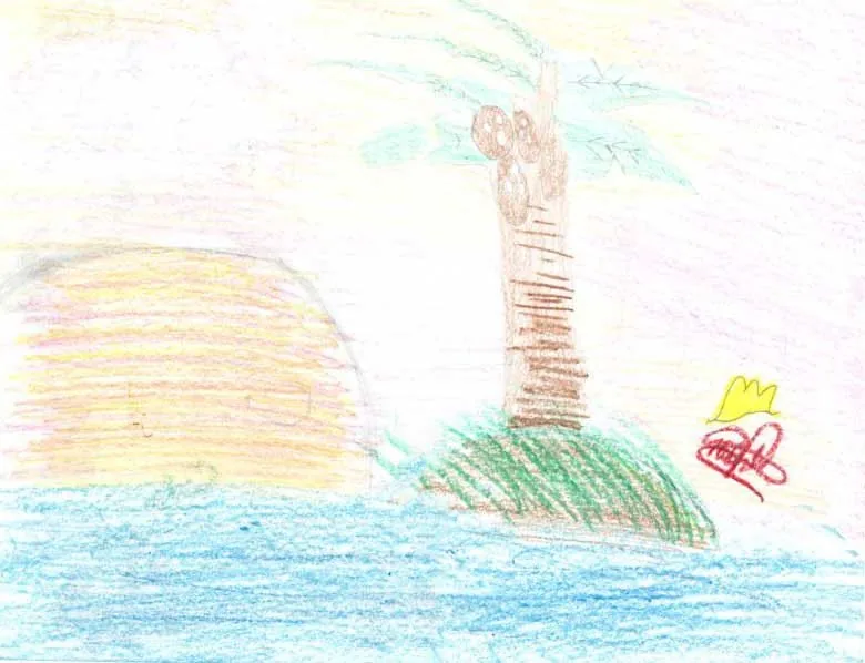 Dibujo de un paisaje con una isla tropical, una palmera, cocos y un gran sol que se pone sobre el océano azul