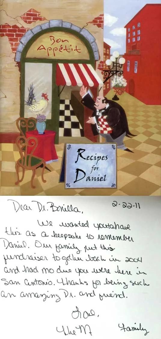 Tarjeta de recuerdo con el tema Bon Appétit y carta de la familia de Daniel, que agradecen al Dr. Bonilla por ser un médico y amigo extraordinario en San Antonio