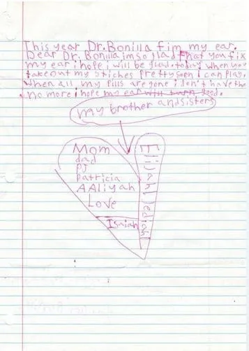 Carta de un paciente en papel rayado que habla sobre la retirada de puntos por el Dr. Bonilla y muestra un corazón dibujado con nombres de familiares como Mamá, Papá y Aaliyah
