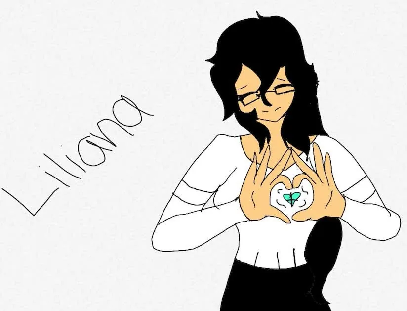 Ilustración detallada dibujada a mano por una paciente llamada Liliana, que representa a una niña de estilo anime con gafas, formando un corazón con las manos sobre un símbolo de mariposa verde azulada: un regalo artístico y personal de agradecimiento al Dr. Arturo Bonilla de una paciente agradecida que se sometió a cirugía de microtia