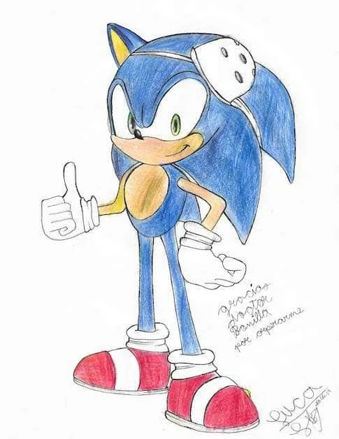 Dibujo detallado con lápices de colores de un paciente llamado Luca, que representa a Sonic the Hedgehog con el pulgar levantado y un vendaje quirúrgico en la cabeza, junto a una inscripción escrita a mano en español que agradece al Dr. Arturo Bonilla: un regalo creativo de agradecimiento de un paciente agradecido que se sometió a cirugía de microtia