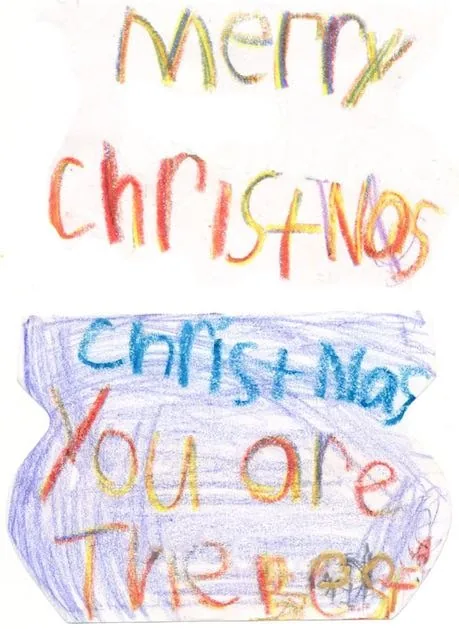 Mensaje festivo para el Dr. Bonilla escrito con crayones de colores que dice «Feliz Navidad. Usted es el mejor»
