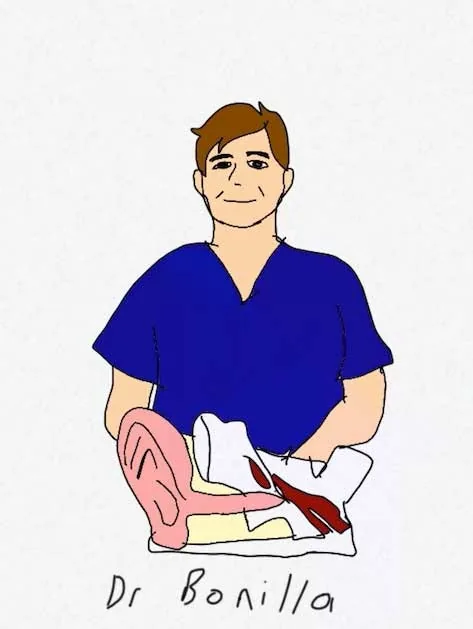 Ilustración de estilo digital del Dr. Arturo Bonilla con ropa quirúrgica azul, sosteniendo una oreja reconstruida, con el rótulo Dr. Bonilla: un notable homenaje dibujado por un paciente en reconocimiento a su cirugía de reconstrucción de oreja por microtia