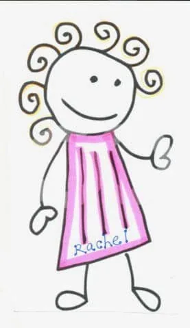Dibujo alegre de una niña llamada Rachel con cabello rizado, vestida con un vestido de rayas rosas y saludando con la mano
