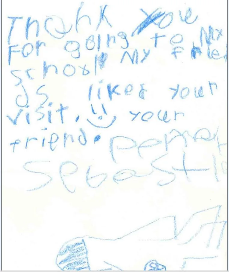 Dibujo con crayón azul y nota de Sebastian que agradece al Dr. Bonilla su visita a la escuela y menciona cuánto les gustó la visita a sus amigos