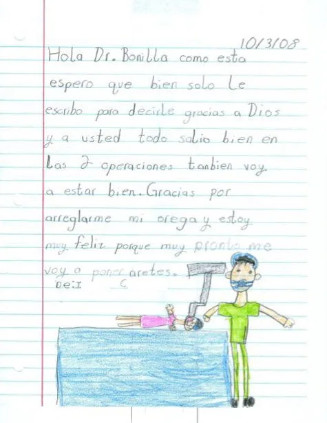 Carta escrita a mano en español en papel de cuaderno rayado al Dr. Bonilla, con un dibujo de un profesional médico y un paciente que expresa alegría por una operación de oreja exitosa