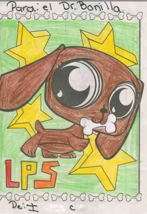 Dibujo cuidadosamente coloreado de un cachorro de Littlest Pet Shop con estrellas, dirigido «Para el Dr. Bonilla» en español: un encantador regalo de agradecimiento al Dr. Arturo Bonilla de un paciente agradecido que se sometió a cirugía de microtia