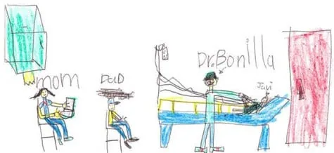 Dibujo infantil del Dr. Bonilla junto a una cama de hospital con un paciente con microtia, mientras la mamá y el papá del paciente esperan cerca en la habitación