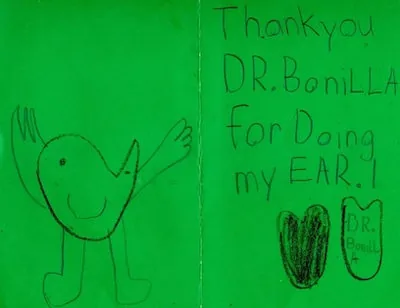 Handwritten thank you letter from a microtia patient family to Dr. Bonilla