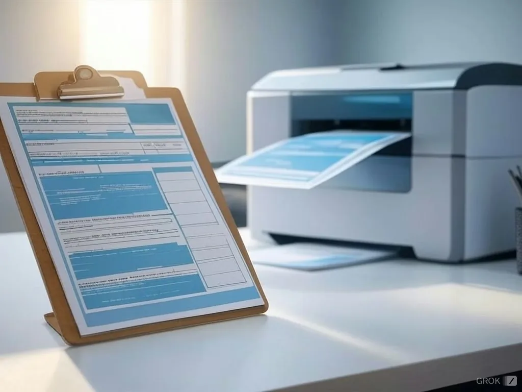 Print registration form on a clipboard next to a printer